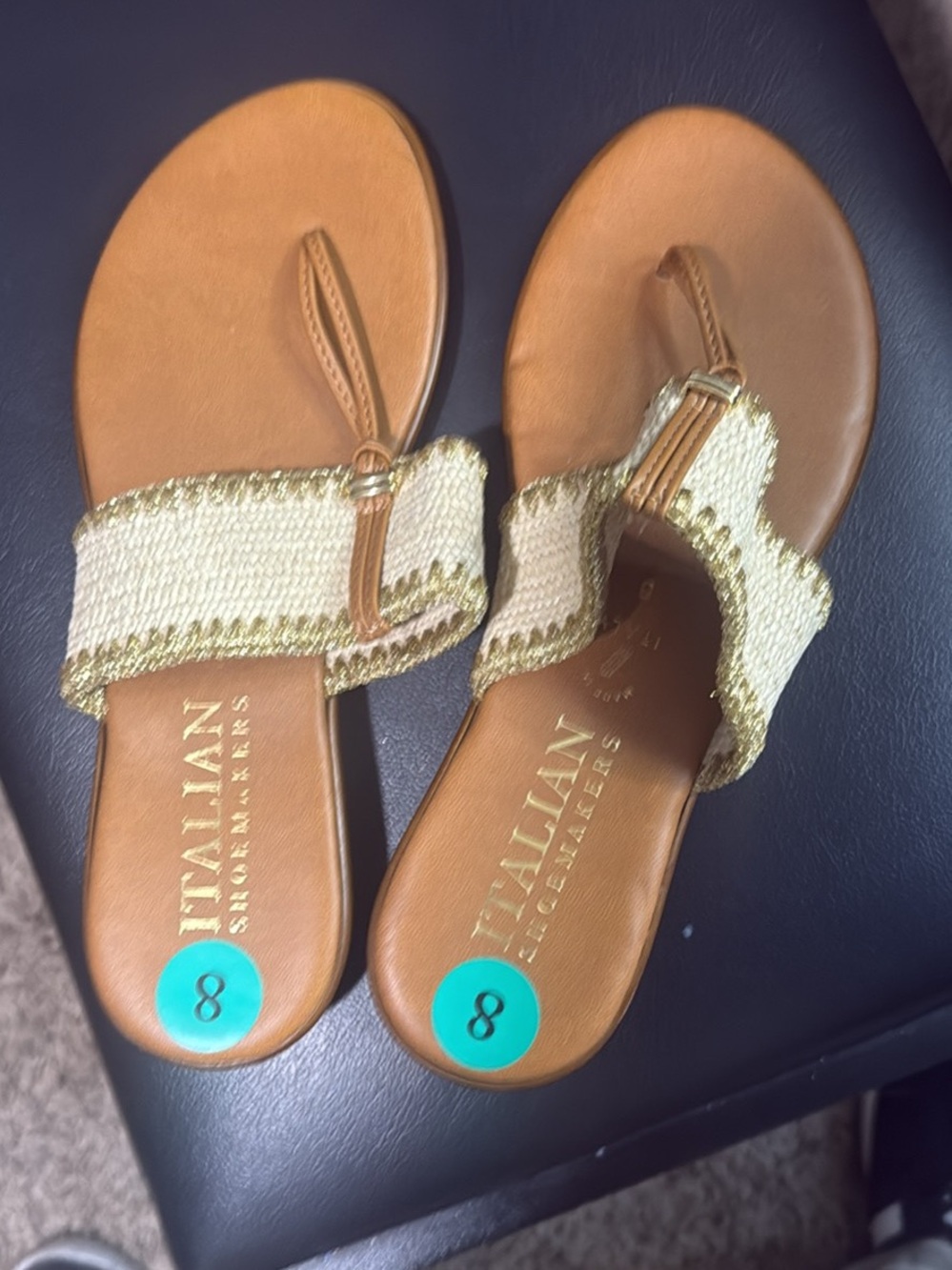 Italian Shoemakers Tan Leather Sandals with Gold-Trim Fabric Straps